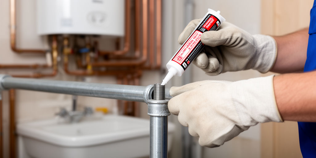 Нанесение жидкого герметика на трубу