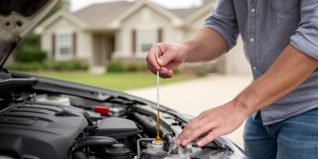 Владелец автомобиля проверяет масло