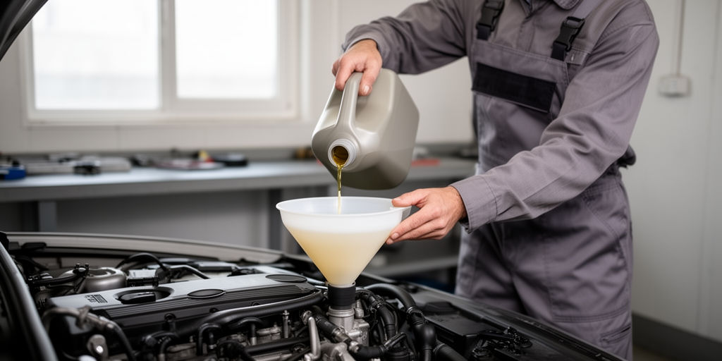 Механик заливает моторное масло в сервисе