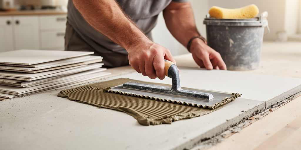 Мастер наносит клей на рабочую поверхность