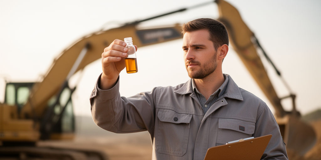 Техник проверяет образец масла на стройке