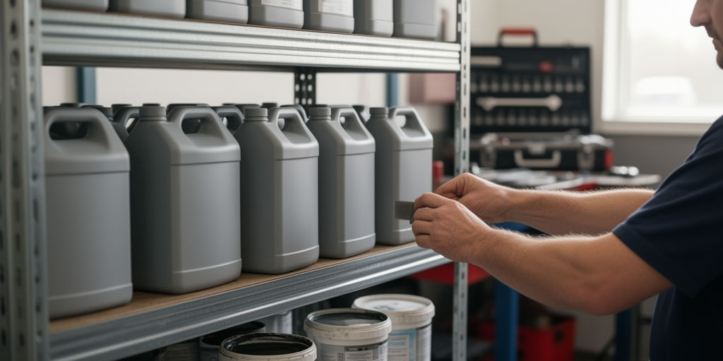 Полка со смазочными материалами в мастерской