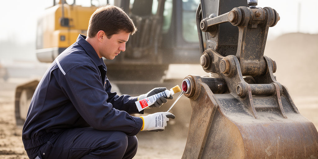 Механик смазывает сочленение экскаватора
