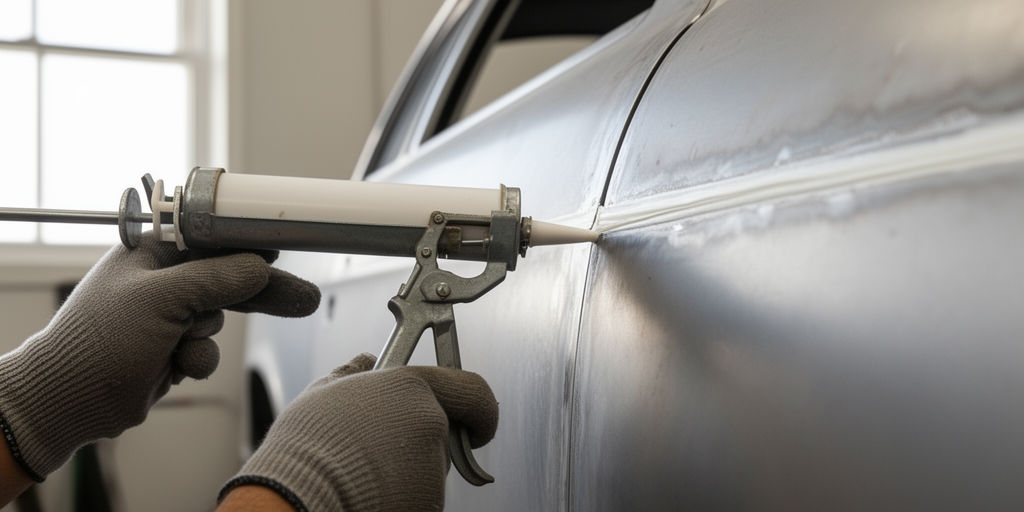 Нанесение герметика на стальной шов