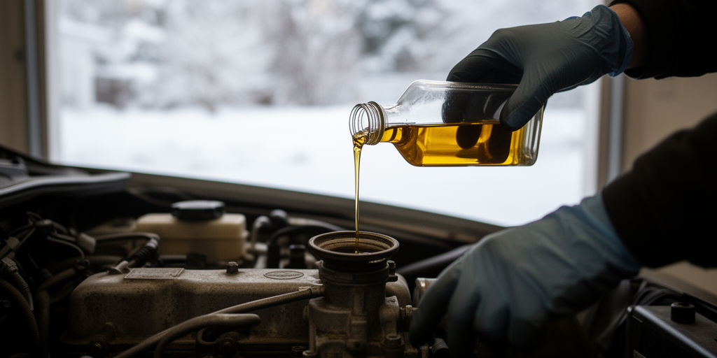 Крупный план заливки масла в старый двигатель