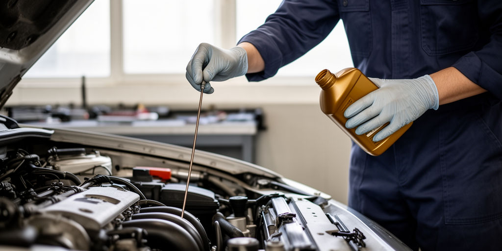 Механик проверяет уровень масла