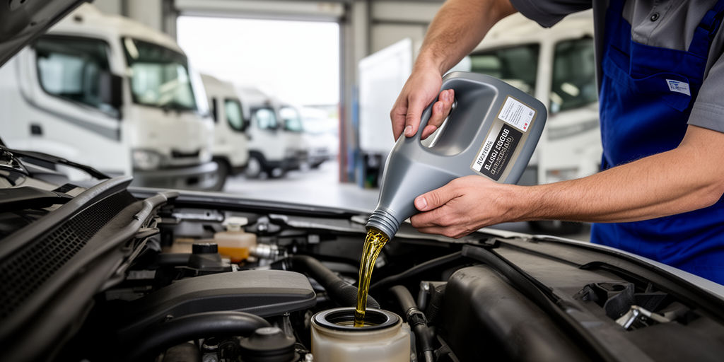 Заливка масла в мотор грузовика