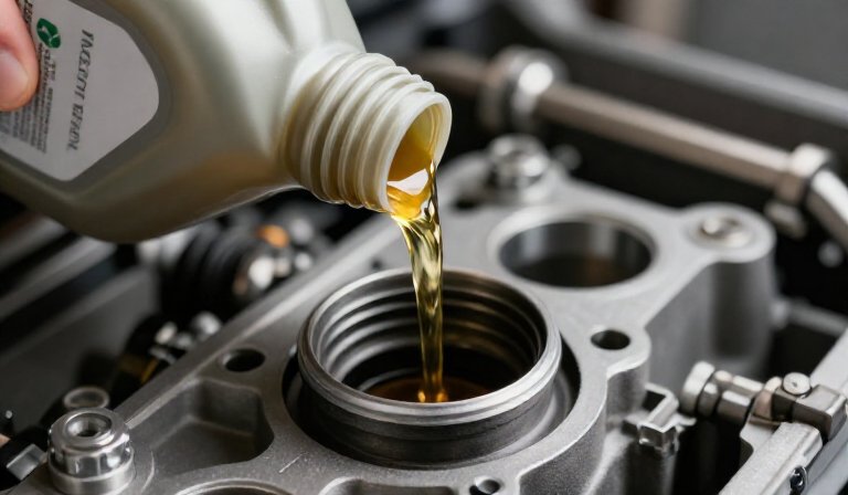 золотое моторное масло льется в двигатель нового авто